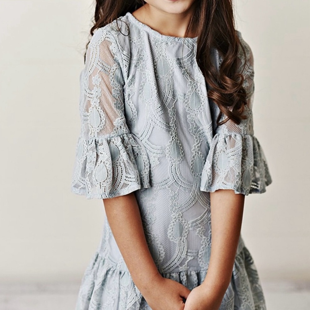 Girls Bell Sleeve Dusty Blue Dress